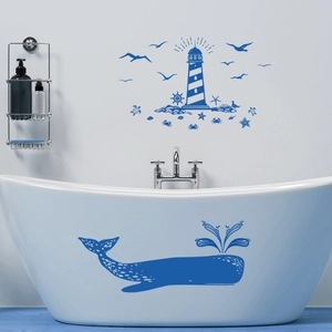 Blaue Wal- und Leuchtturm-Wandtattoos mit Ozean-Motiv für Badezimmer-Dekoration