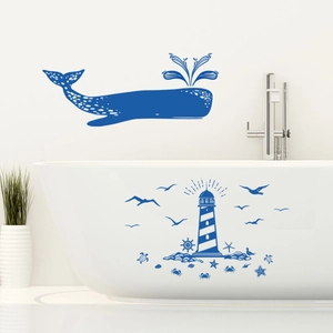 Selbstklebende Badezimmer Wandsticker Set mit blauem Wal und Leuchtturm Motiv für Bad