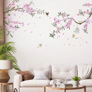 Vinilo Decorativo de Pared con Flor de Cerezo Rosa y Jaula de Pájaros para Dormitorio Sala de Estar PVC Removible Mural DIY