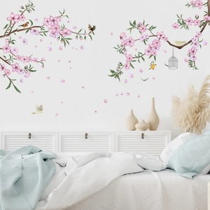 Vinilos decorativos de flores rosa acuarela y pájaros para pared de dormitorio