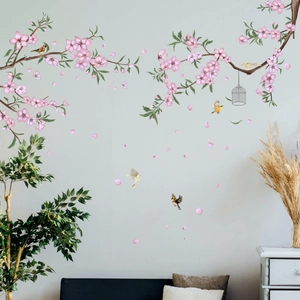 Vinilo decorativo de flores de cerezo rosa con pájaros y jaula para sala y dormitorio