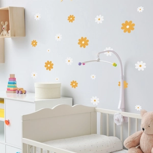 Self-adhesive white and orange daisy wall decals in various sizes for bedroom wall decor