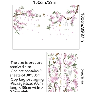 Vinilo decorativo de flores de cerezo rosa con aves y ramas, set de 2 de 30x90cm
