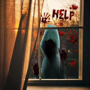 Halloween Fensteraufkleber mit blutigen Handabdrücken, Hilfe-Zeichen und Geister-Silhouette
