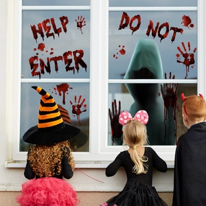 Halloween Fensterbilder mit blutigen Handabdrücken, Geistern und Gruseltexten