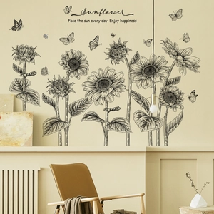 Minimalist sunflower line art wall decal with butterfly and inspirational quote