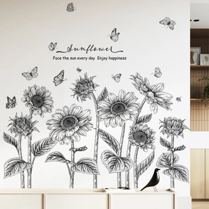 Detailed black and white sketch of sunflower wall decal with flying butterflies