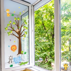 Adesivi per finestre con animali della giungla e albero per decorazione vetri bambini