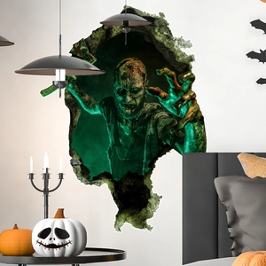 Halloween 3D zombie wall sticker breaking through a white wall for festive room decoration