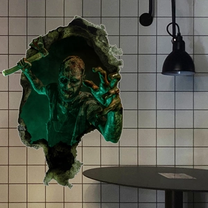 Realistic 3D Halloween wall sticker showing a zombie with axe breaking through the wall