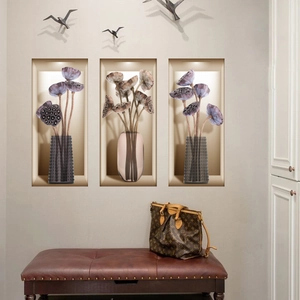 3D lotus and dried flower wall decals in gray and pink vases for home bedroom decoration