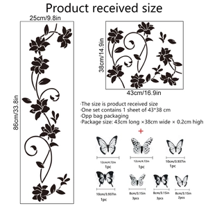 Floral vine and butterfly wall stickers set with 12 pieces for home decor