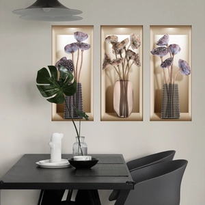 3D lotus and vase wall stickers with modern decorative niche effect for home decor