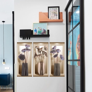 Detail of 3D lotus and dried flower vase wall stickers with a retro perspective effect