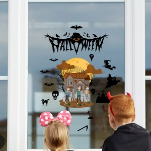 Halloween window stickers featuring ghost, witch, and bats with children's silhouettes