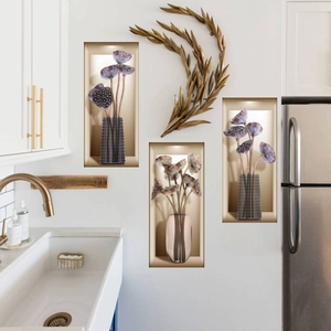 Detailed 3D self-adhesive wall stickers with vintage floral vases and golden leaf decor