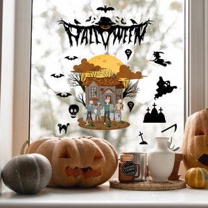 Halloween window clings featuring ghosts, bats and haunted house silhouettes on glass