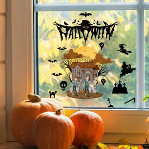 Halloween window clings featuring bats, ghosts, and zombies with HALLOWEEN lettering