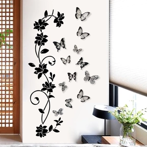 Elegant black floral vine wall decal with 3D butterfly stickers for living room decor