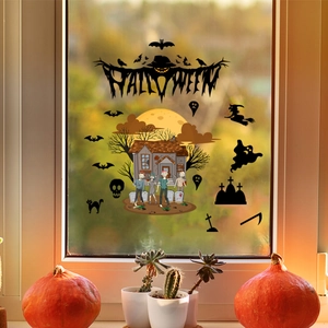 Halloween window clings set featuring haunted house, bat, and zombie silhouettes on glass