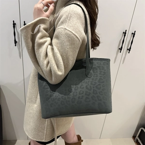Large gray leopard print tote bag with minimalist shoulder straps for women's daily wear
