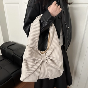 Große beige Cord-Einkaufstasche mit Schleife, modische Schultertasche für Damen im Alltag