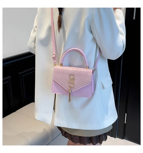 Pink crossbody bag with textured leather cover, gold S-lock, and stylish tassel detail