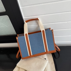 Sac Fourre-Tout en Denim et Toile à la Mode pour Femmes Grande Capacité Navette Urbaine Bandoulière avec Garniture en Cuir PU
