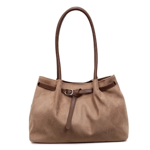 Retro khaki brown faux suede tote bag with large capacity and elegant leather shoulder straps