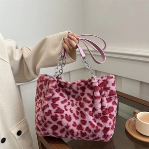 Sac Fourre-Tout en Peluche à Imprimé Léopard pour Femmes Grande Capacité Sac à Épaule en Fausse Fourrure Avec Chaîne en Métal Automne Hiver Décontracté