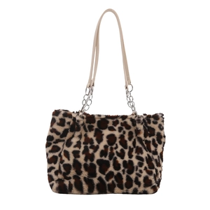 Sac cabas à imprimé léopard en peluche avec chaîne argentée et texture fausse fourrure