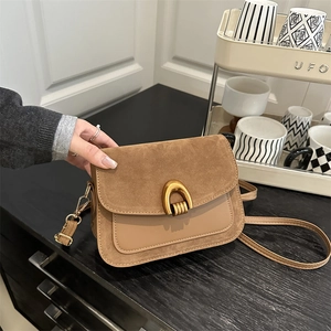 Women Vintage Suede Leather Patchwork Crossbody Bag With Horseshoe Metal Buckle Retro Shoulder Bag Fashion Small Square Bag