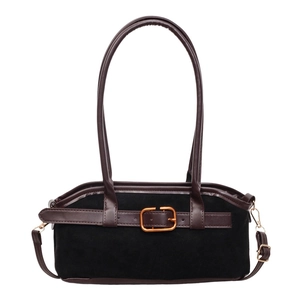Chic black and brown large shoulder bag with gold buckle and long handles