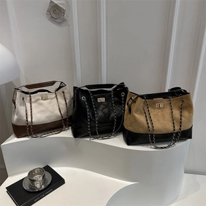Rhombic Quilted Chain Tote Bag For Women Large Capacity Shoulder Crossbody Bag Contrast Color Fashion Faux Leather Handbag
