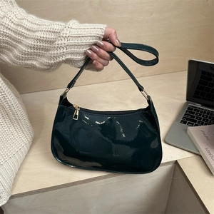 Women Patent Leather Underarm Bag Minimalist Solid Color PU Leather Hobo Bag Retro Small Square Shoulder Bag With Golden Zipper