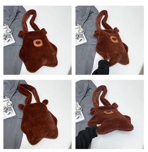 Collage of brown plush bear tote bag showing soft texture and shoulder strap details