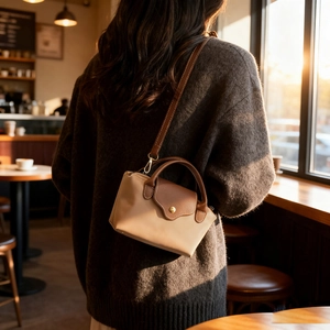 Contrast nylon crossbody bag with brown leather trim in a cozy cafe sunset setting