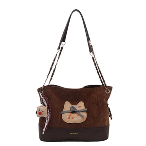 Sac fourre-tout rétro en velours marron avec écusson chat et bandoulière chaîne