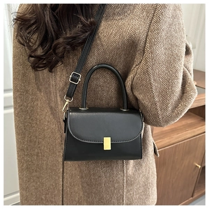 Model wearing black crossbody bag with gold buckle on herringbone wool coat