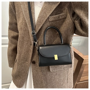 Detail of classic black mini handbag featuring a golden rectangular clasp and leather texture