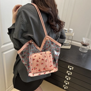 Fashionable transparent cherry print tote bag with pink inner pouch for women's daily commute