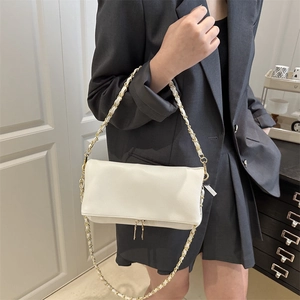 Minimalist white leather shoulder bag with chain strap and double zipper detail