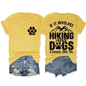 Detailed back print view of a hiking and dog themed short sleeve t-shirt in bright yellow