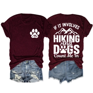 Maroon hiking and dogs theme t-shirt featuring back quote and front mountain paw print