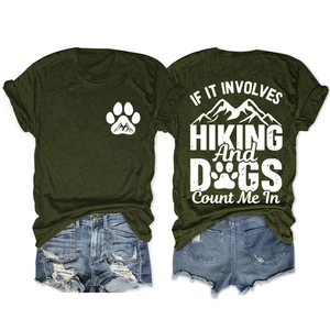 Detailed back and front view of olive green hiking t-shirt with white graphic text