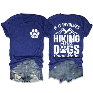 Detailed front and back view of a navy hiking t-shirt with mountain and paw print