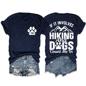 Detailed front and back view of navy hiking t-shirt with mountain print and paw logo