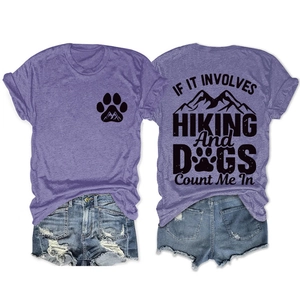 Front and back view of hiking and dogs graphic print on purple crew neck T-shirt