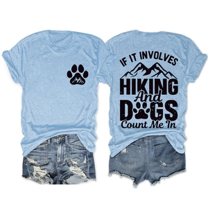 Front and back detail of light blue hiking t-shirt with mountain and dog paw print
