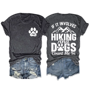 Women's dark gray hiking and dog graphic t-shirt with crew neck and short sleeves
